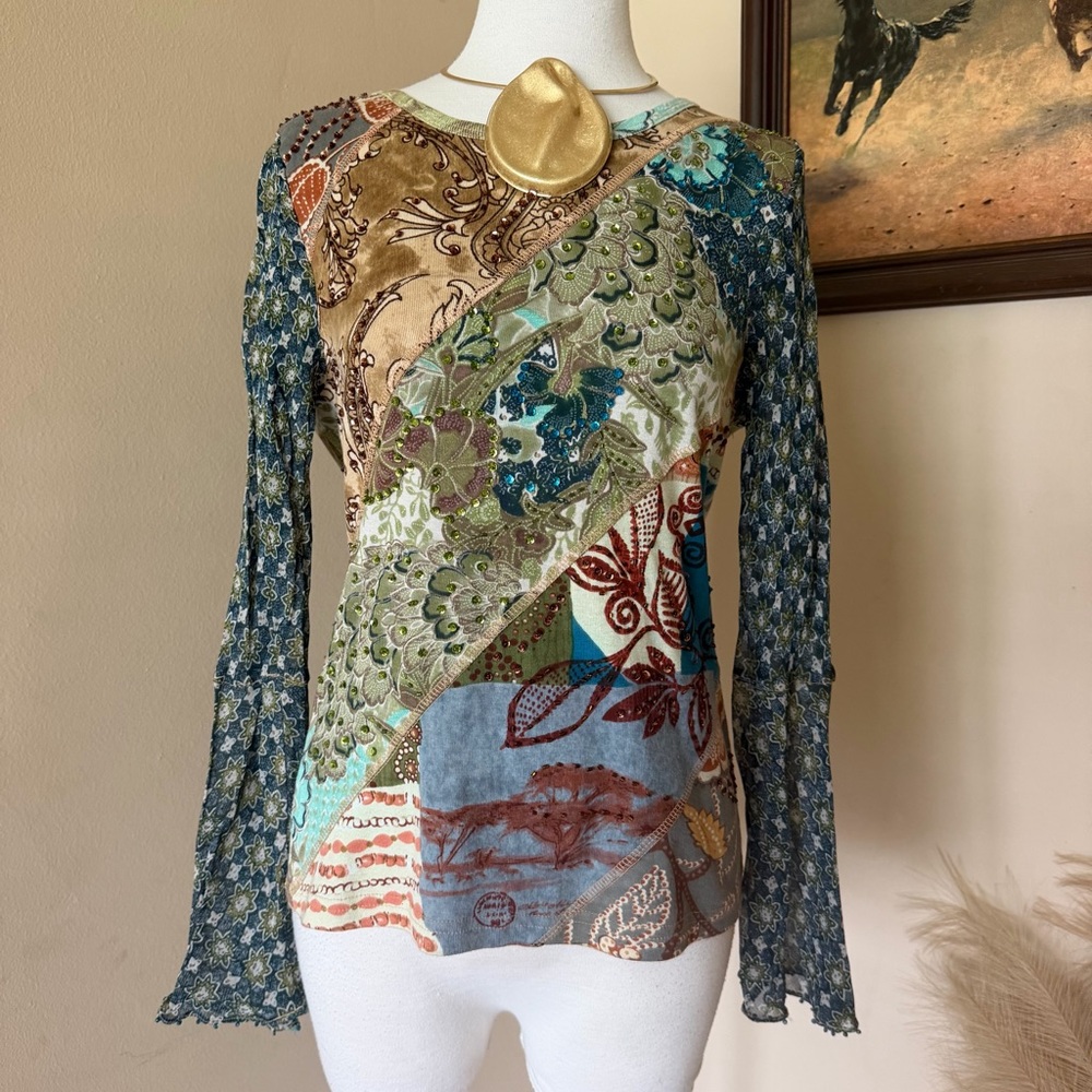 Patchwork Long-Sleeve Boho Top in Teal & Olive